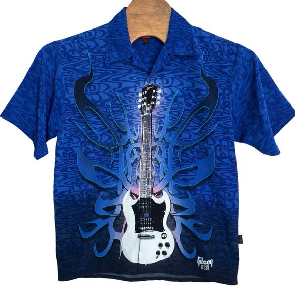 Gibson Tour Wear Guitar Shirt Men's Size Medium Blue Short Sleeve Button Up - Picture 1 of 6
